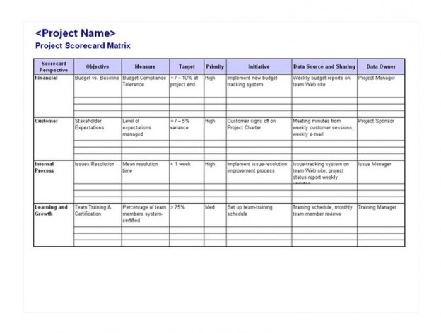 Project Scorecard Matrix Template | Project Scorecard Matrix Worksheet