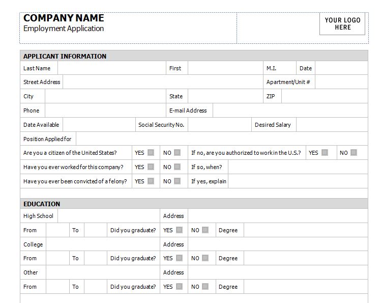 Application for Employment Template Free