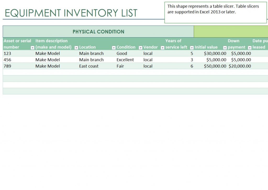 Free Equipment Inventory List