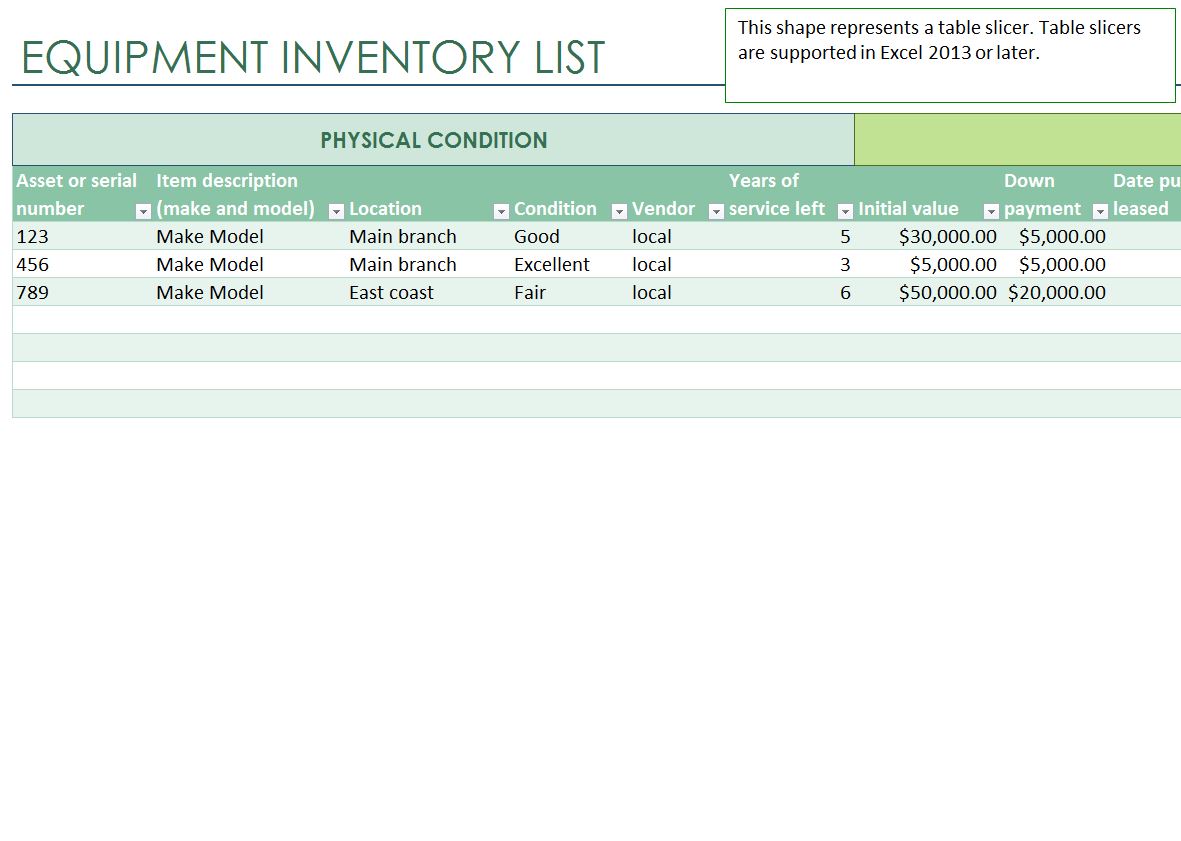 Equipment Inventory List Equipment Inventory List Template