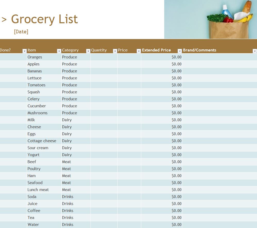 Grocery Inventory List Free