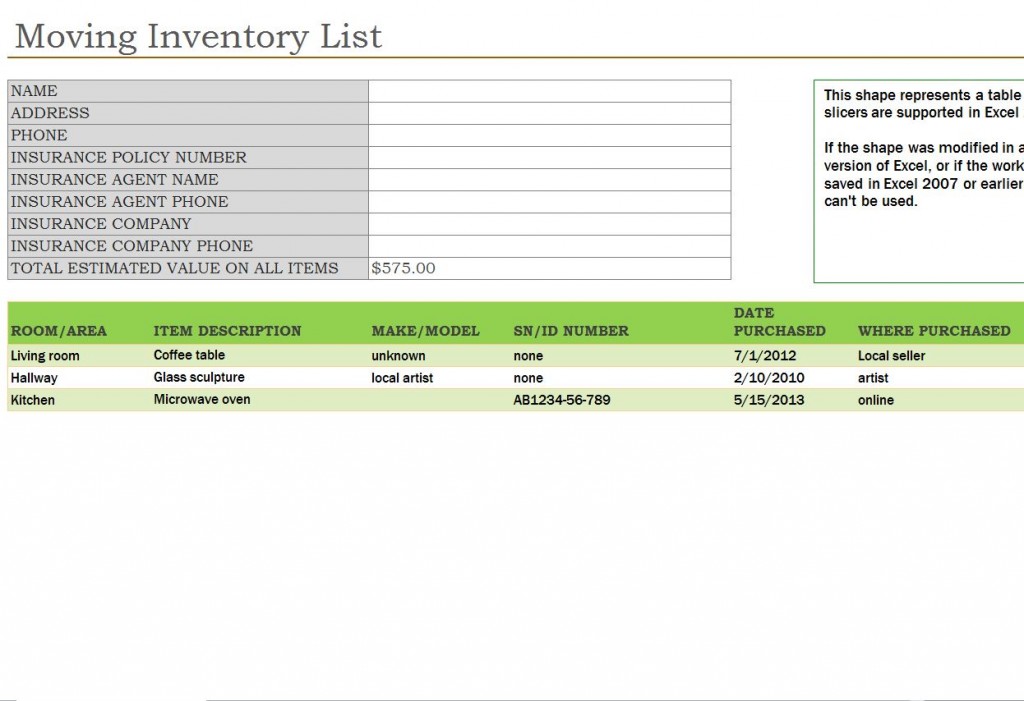 Moving Inventory List Free