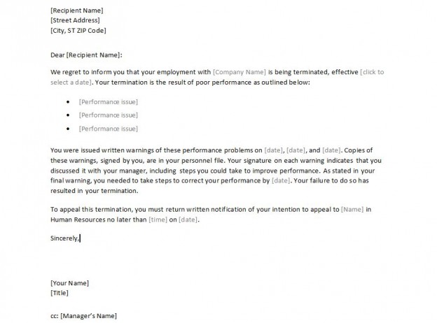 Sample Employee Termination Letter Template