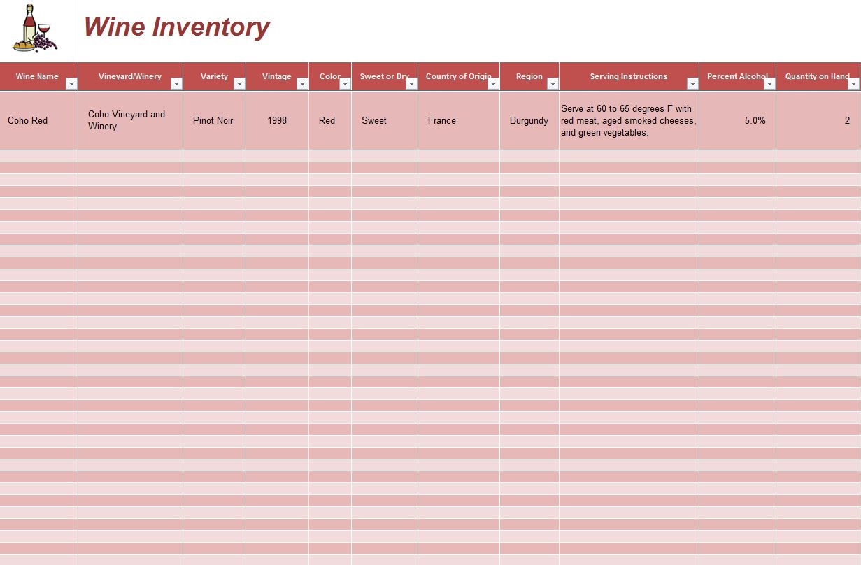 Wine Inventory Wine Inventory Template