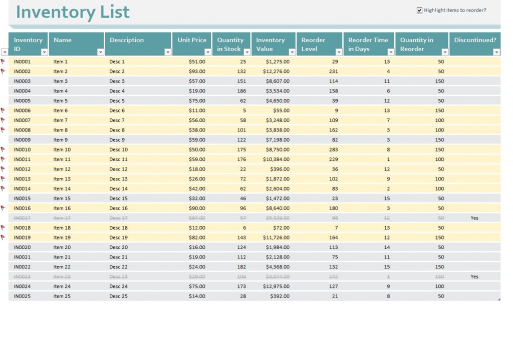 Inventory Control Spreadsheet Screenshot