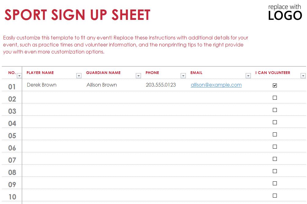 Free Sports Sign Up Sheet Template