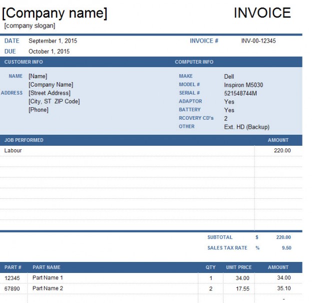 Dual Type Repair Invoice Template