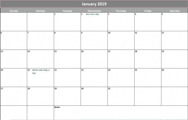 2019 Monthly Holiday Calendar