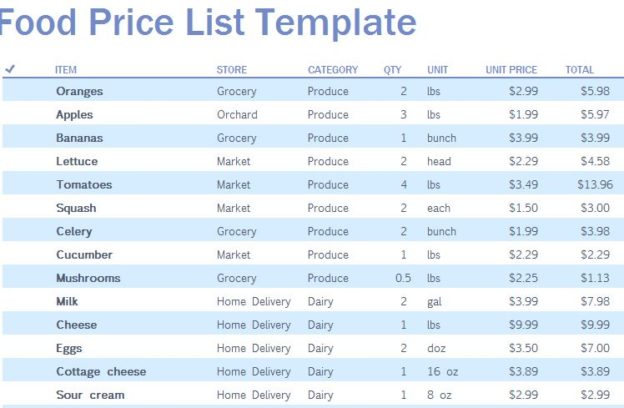  Food Price List Template