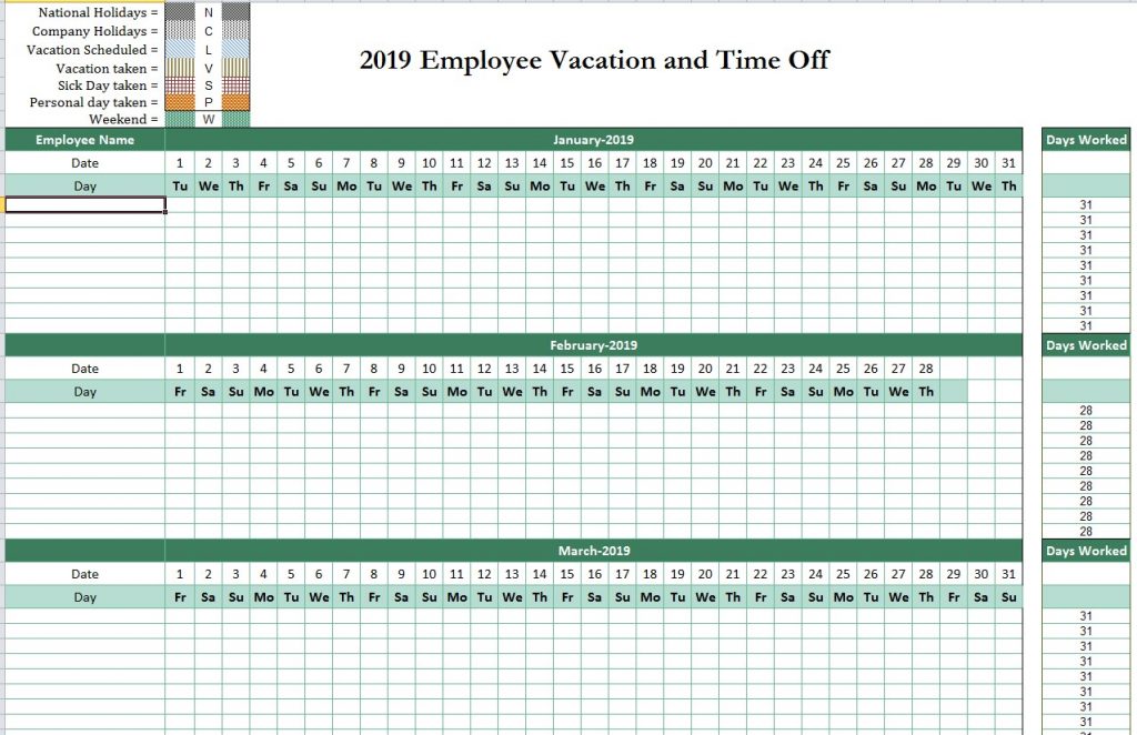 2019 Employee Attendance Tracking Calendar
